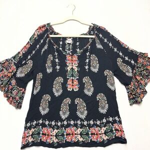 Bila Vneck Top Women's Large Boho Floral Ruffle Sleeve Hippy Spring